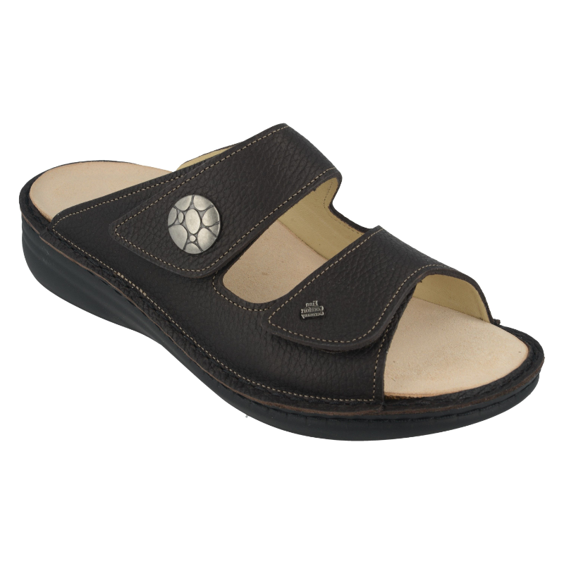 Finn Comfort Moorea casual black leather sandal with two Velcro straps and cushioned footbed.