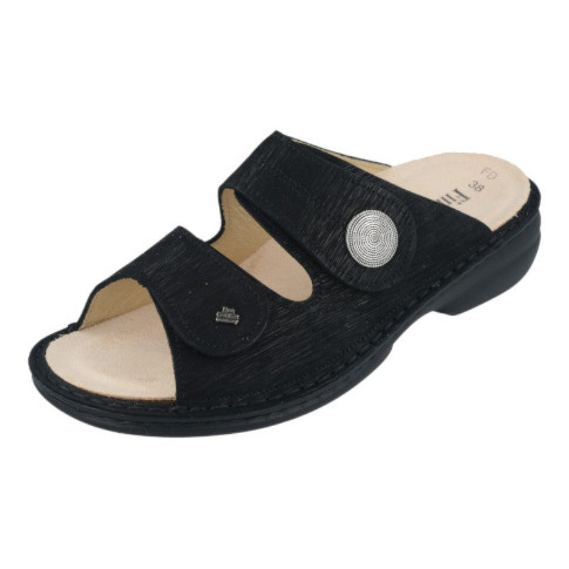 Finn Comfort Sansibar-S women's black casual sandals with adjustable straps and cushioned footbed