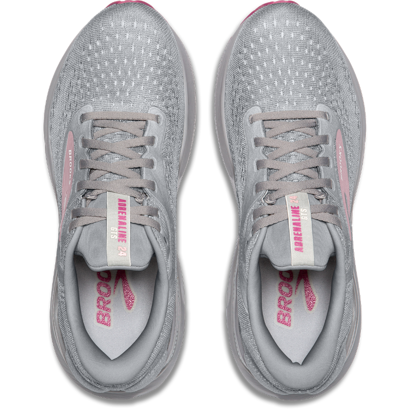 Brooks Adrenaline GTS 24 athletic shoes, gray knit upper with pink accents, pair shown