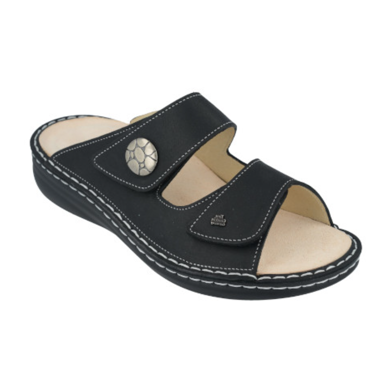 Finn Comfort Moorea-S casual sandals in black with two Velcro straps and cushioned footbed.