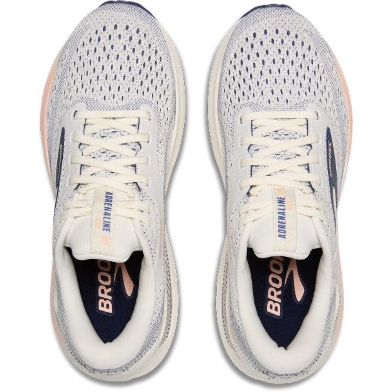 Brooks Adrenaline GTS 24 athletic shoes, light gray knit upper with navy detailing, pair.