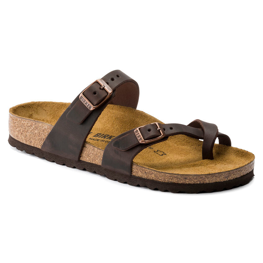 Birkenstock Mayari sandals; brown leather crisscross straps with copper buckles over cork footbed