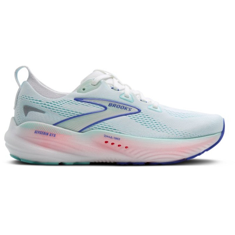 Brooks Glycerin GTS 22 women's athletic shoes in light teal mesh with pastel pink sole and blue logo