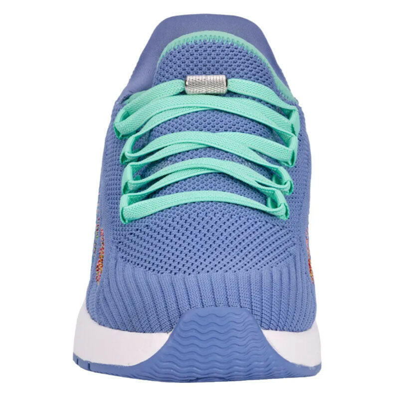 Drew Halo athletic shoes in blue with mint green laces; breathable mesh upper, front view.