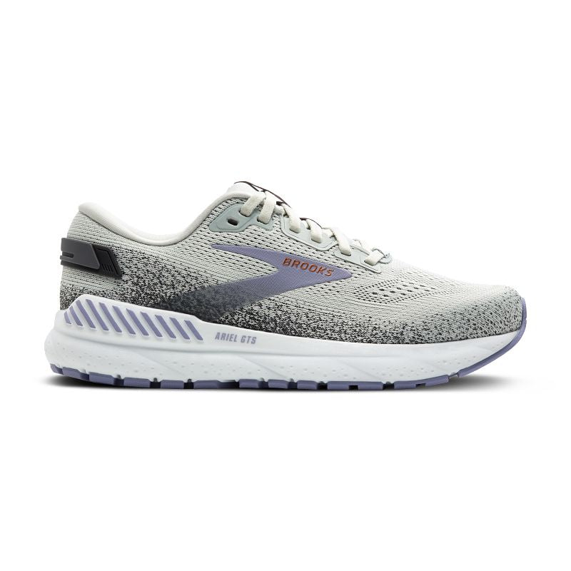Brooks Ariel GTS 24 women's athletic shoe in gray with lavender accents and white sole.