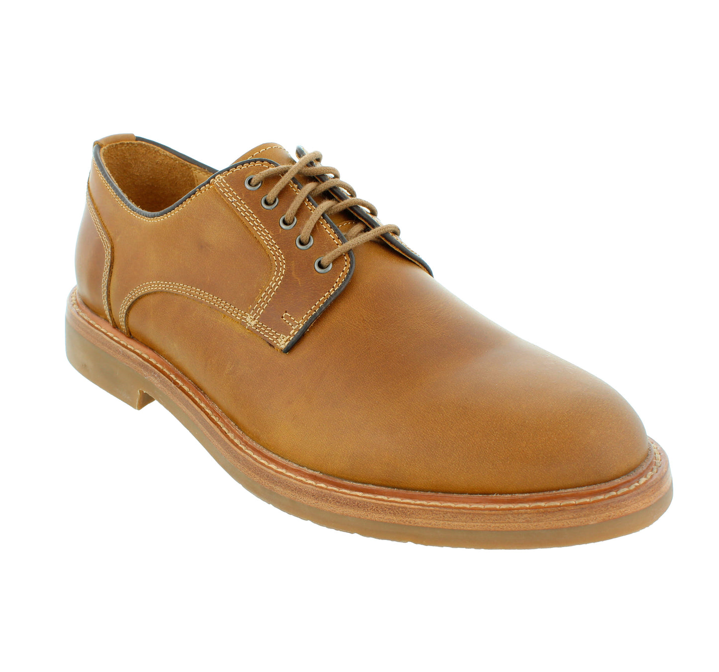 Stridewell Alpha dress shoe in tan leather with brown laces and visible stitching