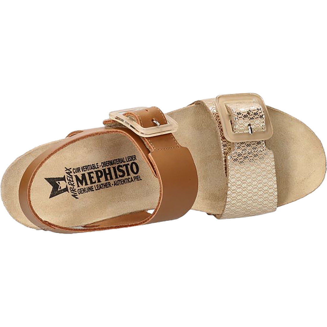 Mephisto Lissia casual sandals, tan leather straps with an ivory woven strap and buckles.