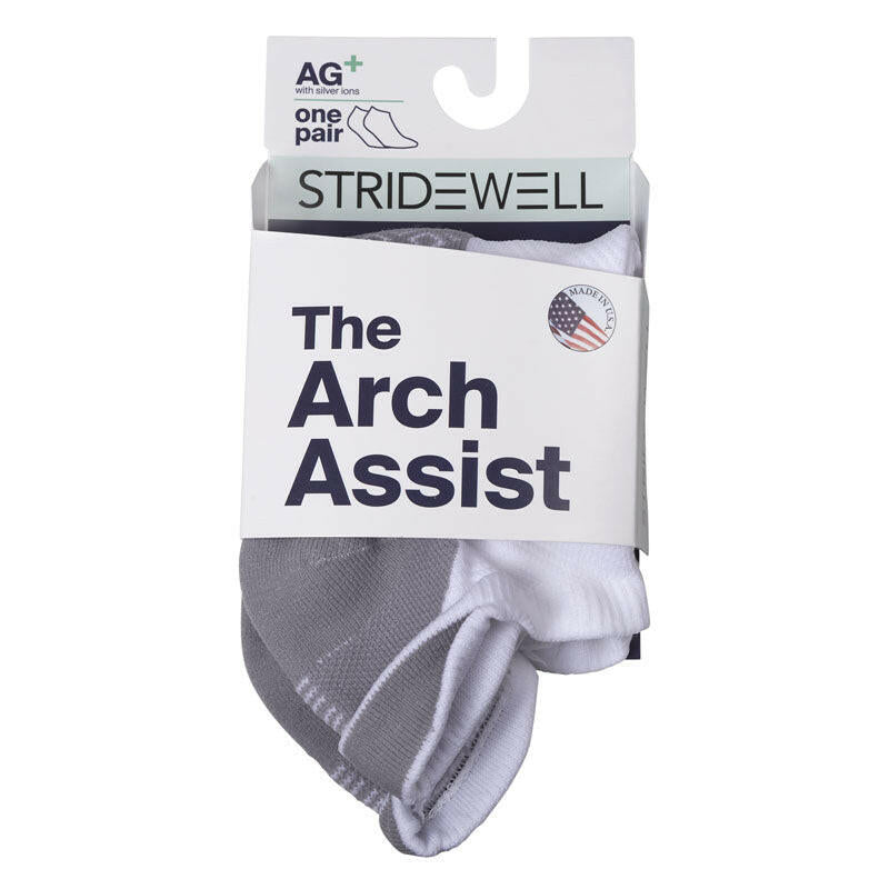 Stridewell Arch Assist sock pair; gray and white athletic socks with arch support