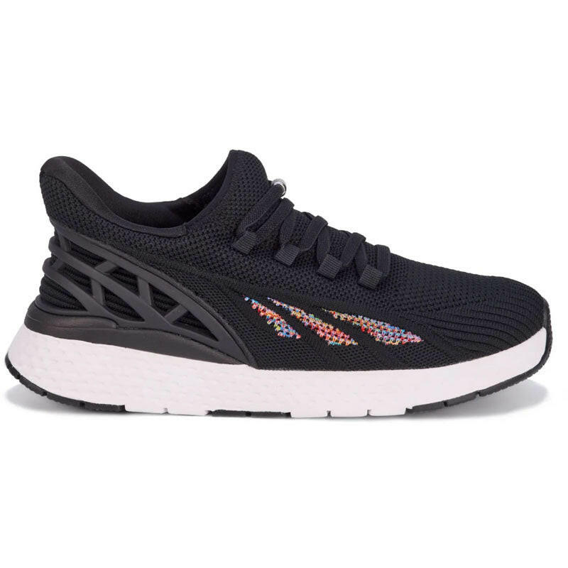 Drew Halo athletic shoes, black knit upper with multicolor side logo and white foam sole