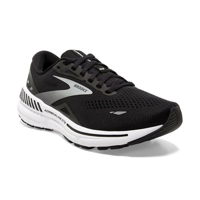 Brooks Adrenaline GTS 23 men's athletic running shoe in black with a white midsole and logo.
