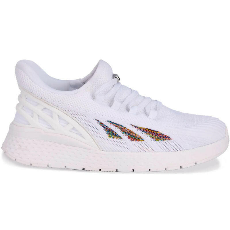 Drew Halo athletic shoe for women, white mesh upper with rainbow zigzag accents and a chunky white sole