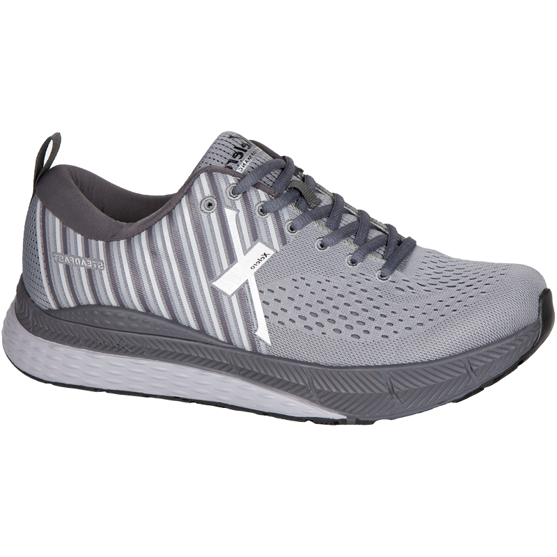 Xelero Steadfast athletic shoe in gray with striped side panels and textured midsole