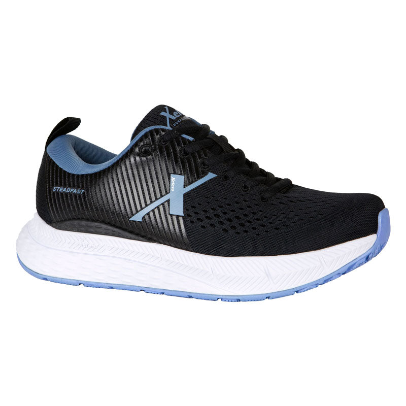 Xelero Steadfast athletic shoes in black with blue accents, white midsole, blue outsole