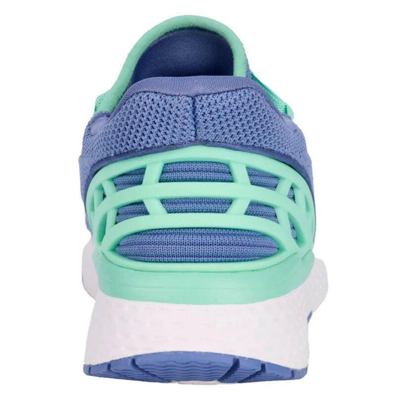 Drew Halo athletic shoes in blue with mint green cage and white midsole, back view.