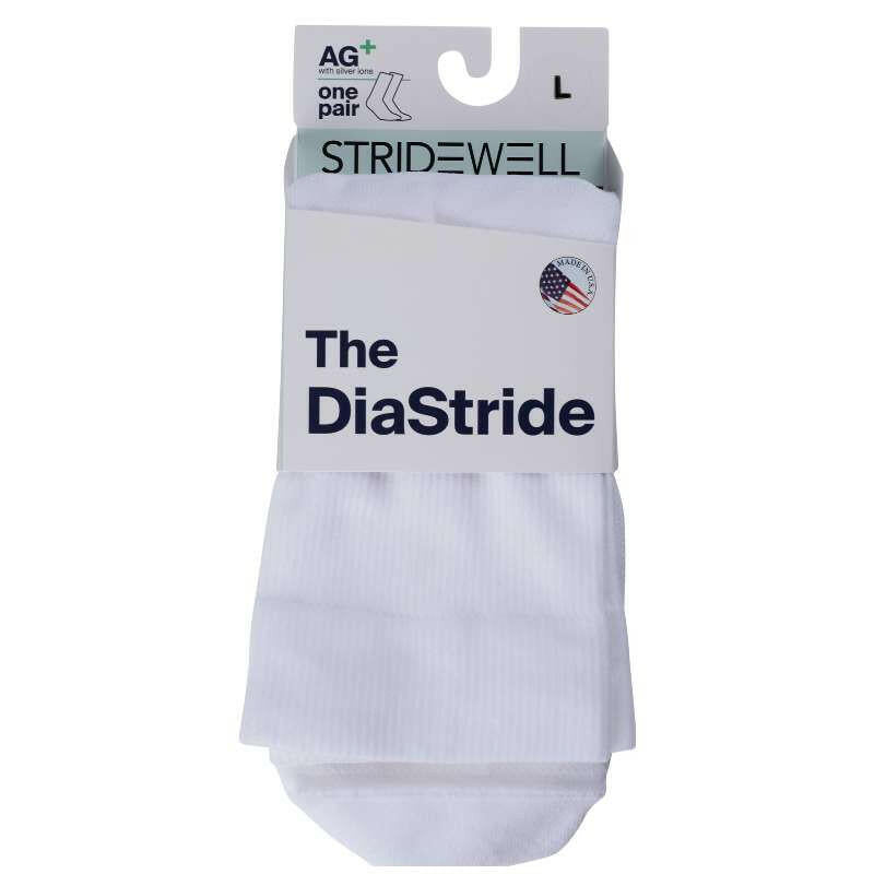 Stridewell Diastride socks, white medical compression hosiery, one pair in retail packaging by Stridewell