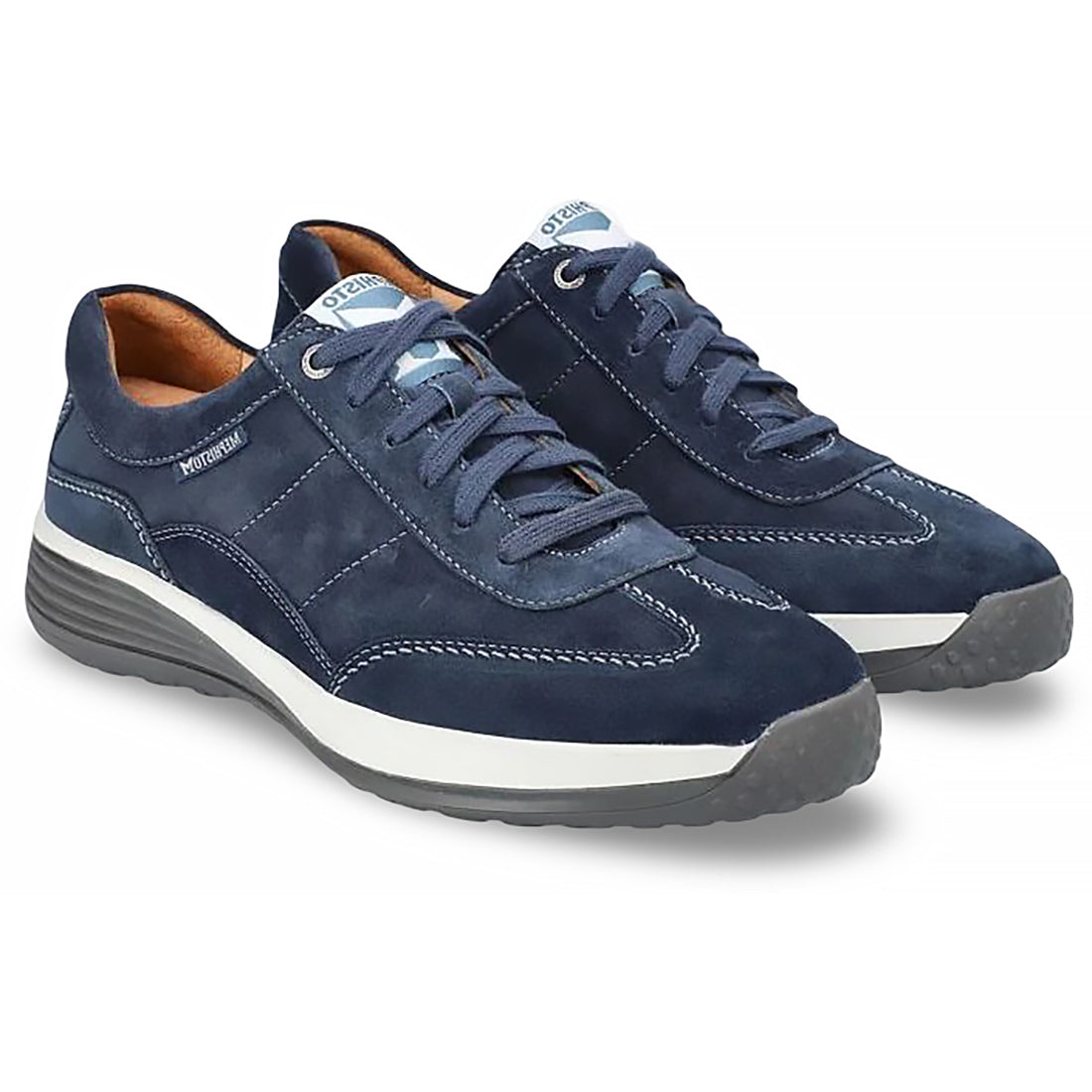 Mephisto Steve casual shoes; navy blue suede, white midsole, blue laces, pair shown