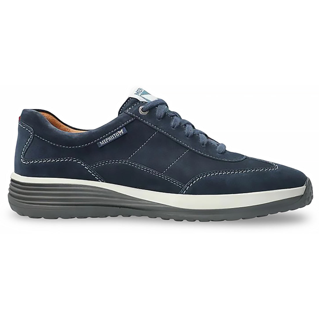 Mephisto Steve casual lace-up shoe in navy blue with white sole and stitched panels
