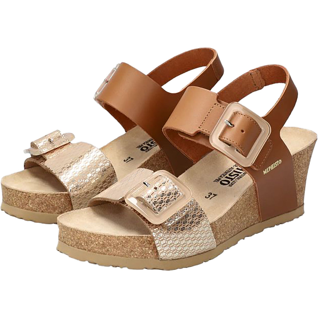 Mephisto Lissia sandals; metallic gold textured straps with buckles, cork footbed, brown ankle strap (pair)