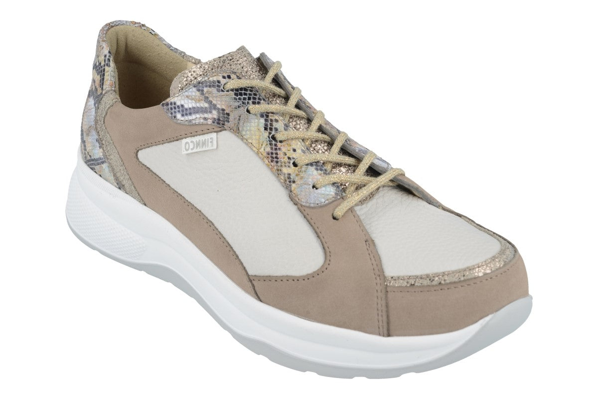 Finn Comfort Piccadilly casual shoe in beige suede and white leather with snakeskin-embossed accents