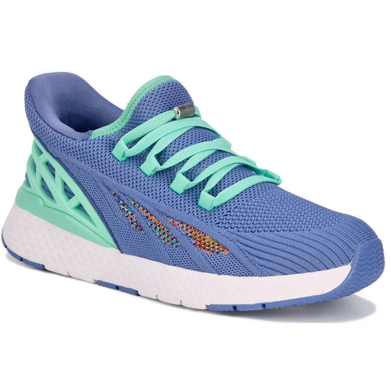 Drew Halo athletic shoe in blue knit with teal laces and mint heel accents.