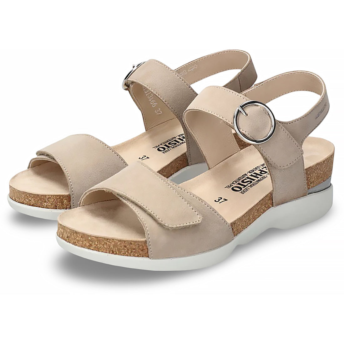 Mephisto Oriana casual shoes: beige wedge sandals with cork midsole and silver buckle strap