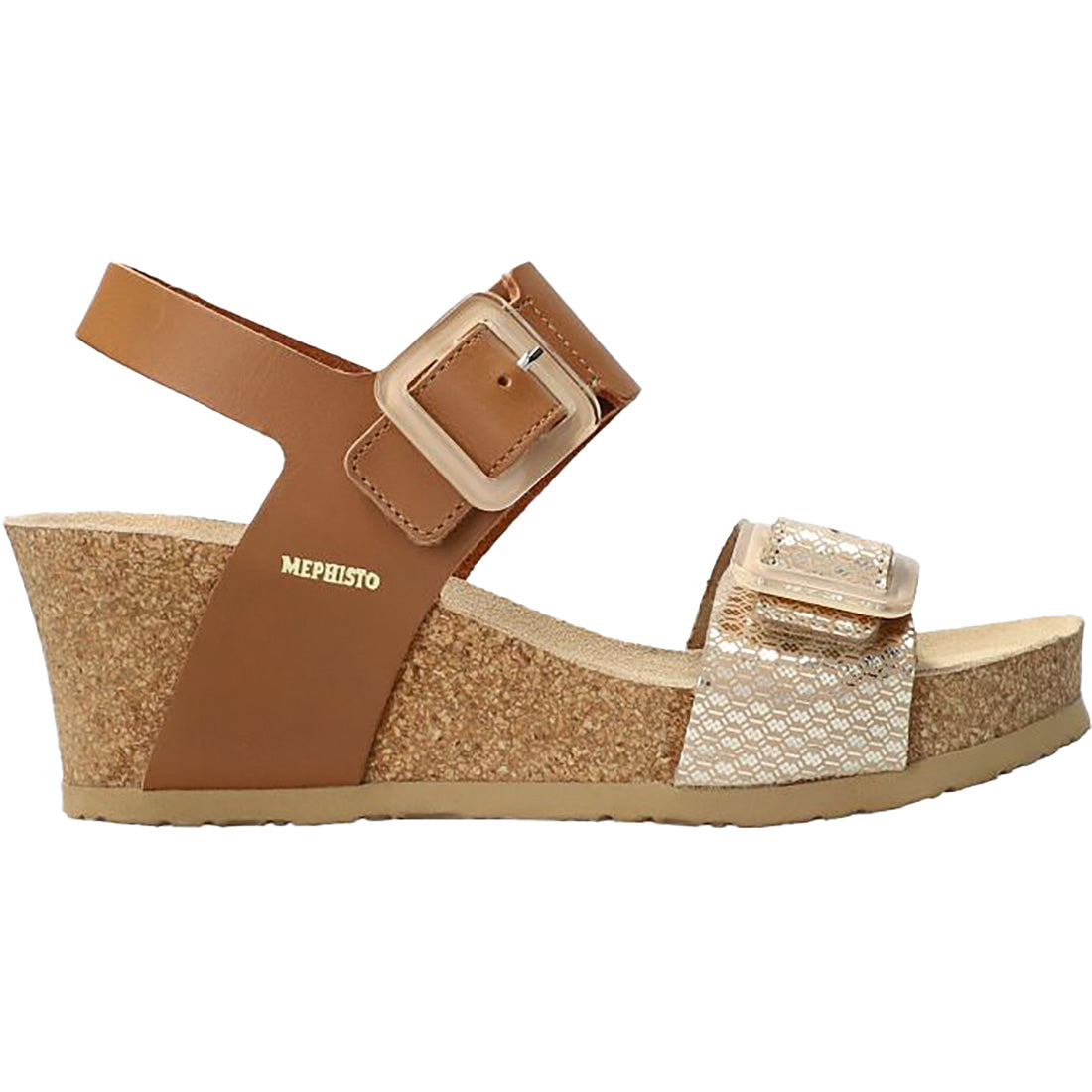 Mephisto Lissia casual sandal with cork wedge heel, brown ankle strap and metallic toe strap