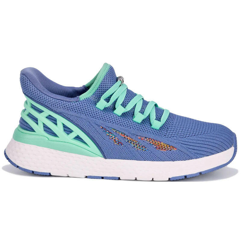 Drew Halo athletic shoes; blue knit upper with mint green accents and white midsole.