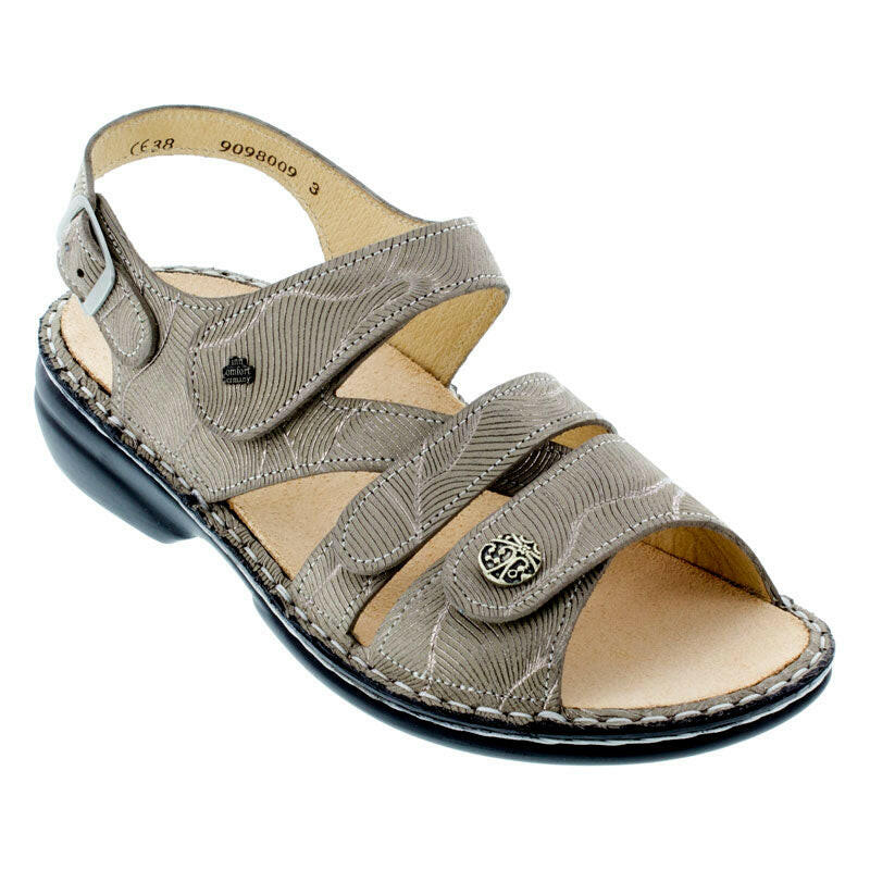 Finn Comfort Gomera casual women's sandal in taupe leather with adjustable straps and cushioned footbed.