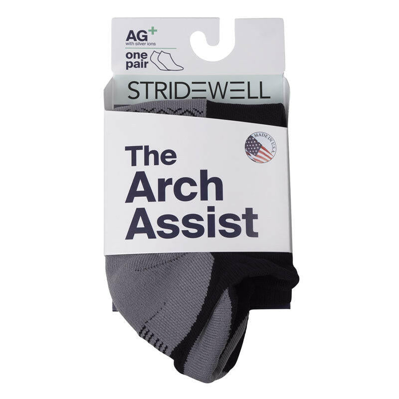 Stridewell Arch Assist sock, grey and black athletic socks, one pair