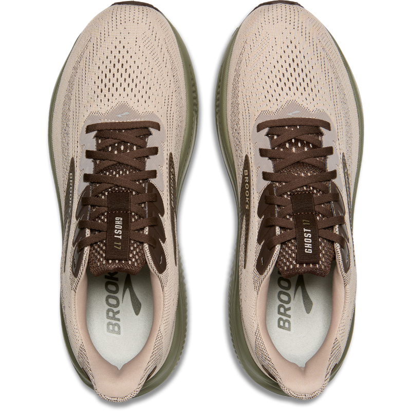 Pair of Brooks Ghost 17 running shoes in beige knit with brown laces