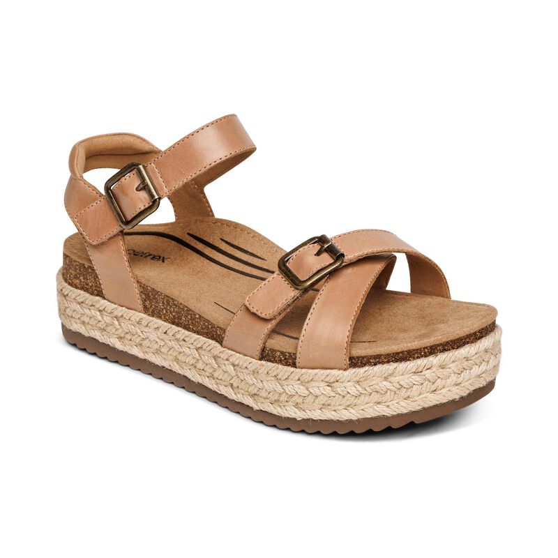 Aetrex Paula casual sandal in tan leather with double buckle straps and jute espadrille wedge