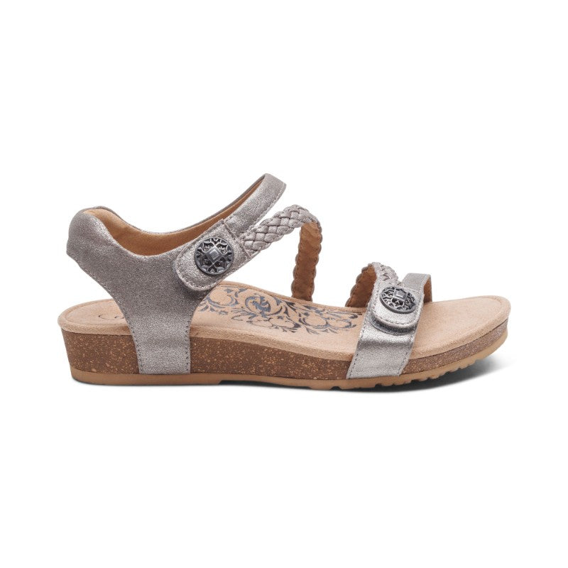Aetrex Jillian casual sandal with silver metallic straps, braided toe loop, cork footbed