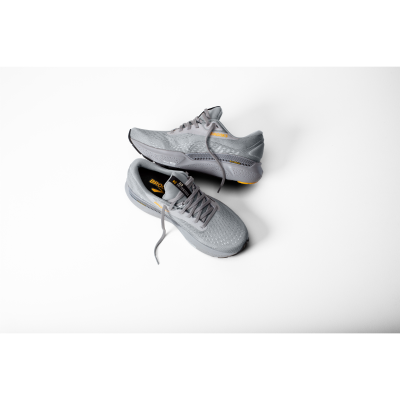 Brooks Adrenaline GTS 24 athletic shoes, gray mesh upper with yellow accents, pair
