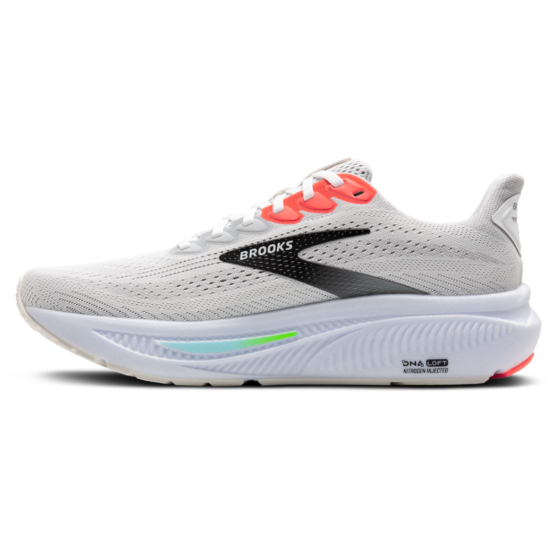 Brooks Ghost 17 athletic shoes in light grey mesh with white laces, black logo stripe, neon green midsole accent.