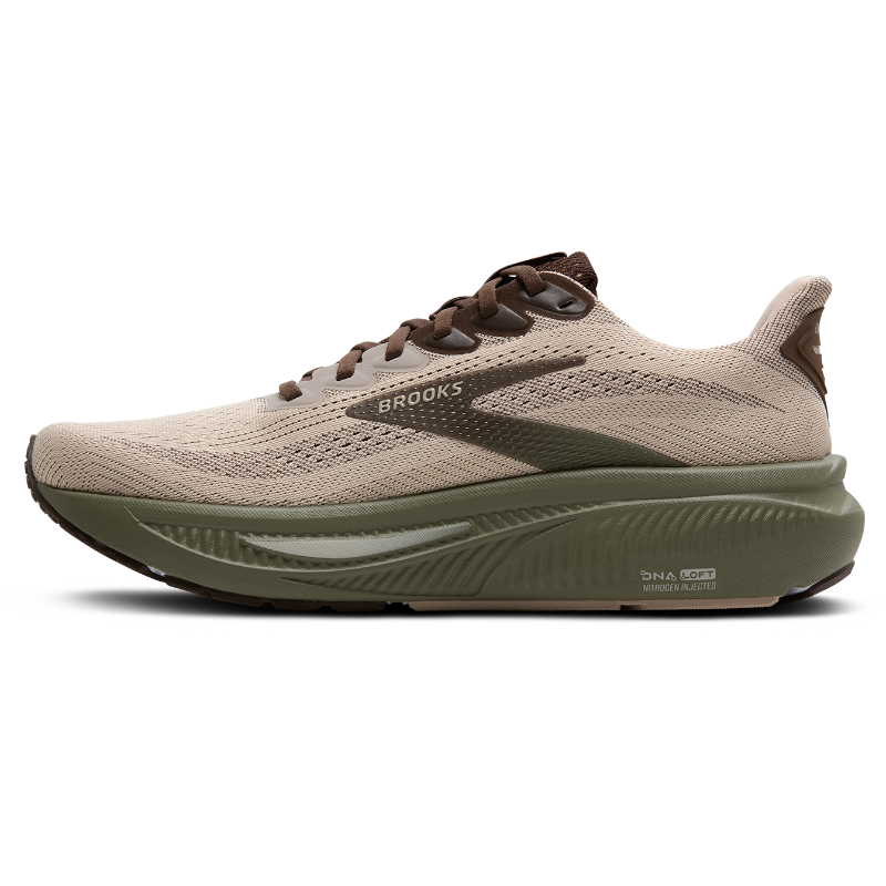 Brooks Ghost 17 athletic shoes with beige breathable mesh upper, brown laces, and olive midsole.