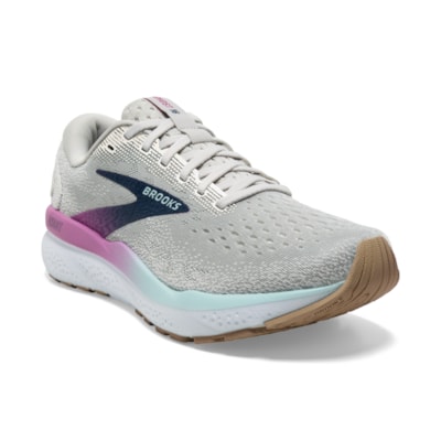 Brooks Ghost 16 athletic shoes, grey mesh with pink-to-teal midsole and blue logo.