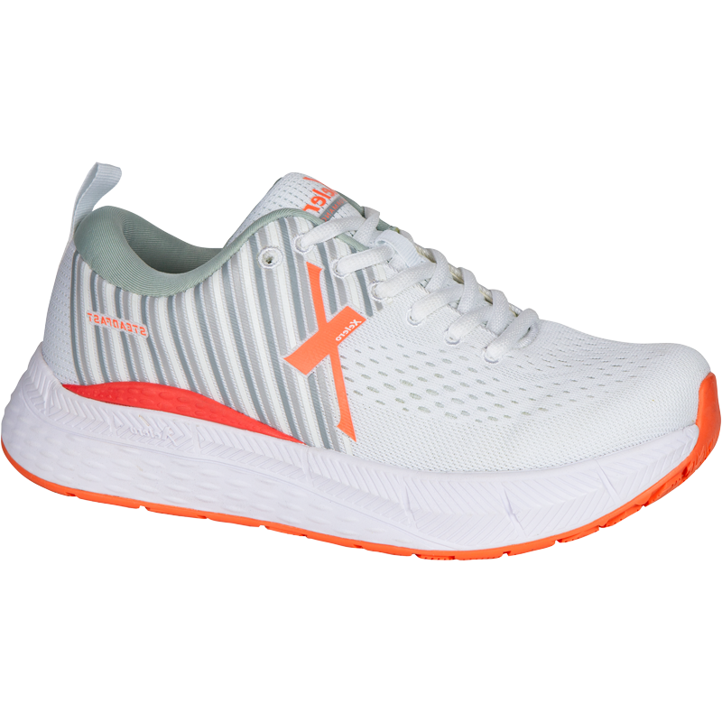 Xelero Steadfast athletic shoes, white mesh upper with orange accents and cushioned white outsole.