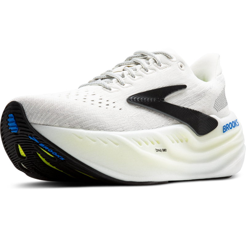 Brooks Glycerin Max men's athletic shoe; white mesh upper with black side support and cushioned cream midsole.