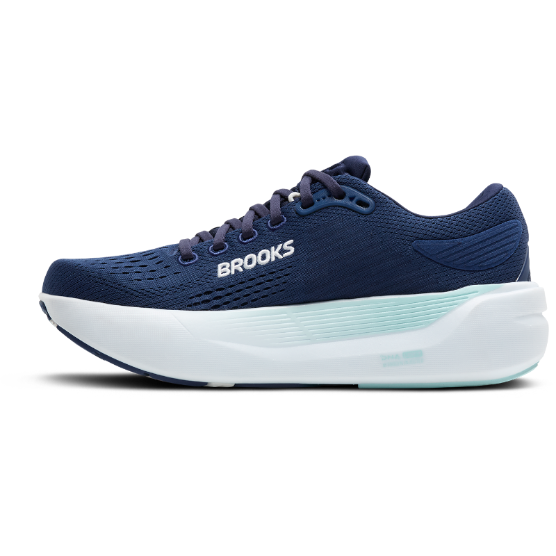 Brooks Ghost Max 3 athletic shoes; navy mesh upper with mint-green cushioned midsole.