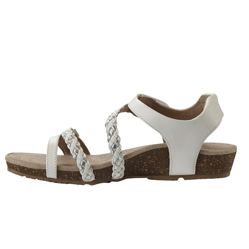 Aetrex Jillian casual shoe; white leather with braided straps and cork sole.