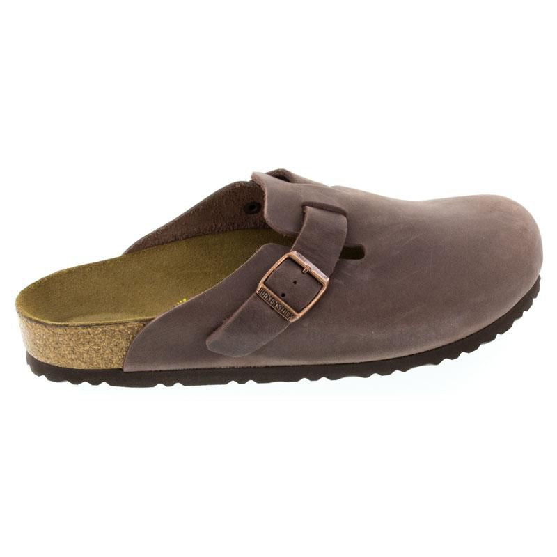 Birkenstock Boston casual clog in brown suede with buckle strap and cork footbed