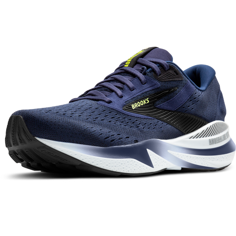 Brooks Adrenaline GTS 24 athletic shoe in navy blue with black side band and lime-green logo