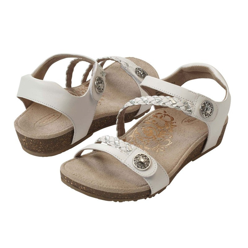 Aetrex Jillian casual sandals; white leather straps with braided front, cork footbed, low wedge heel.