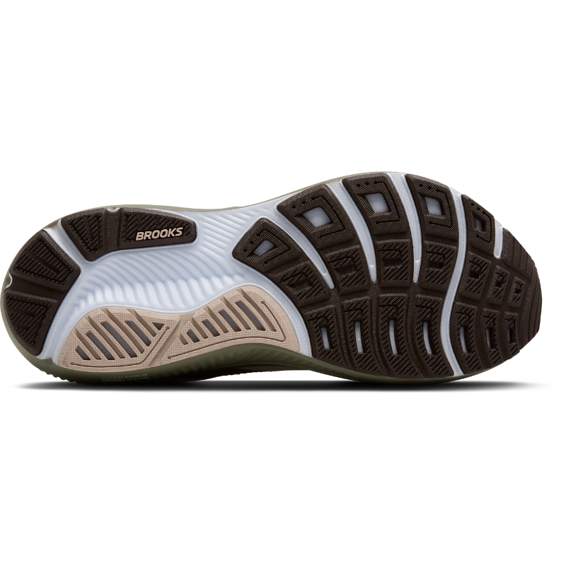 Brooks Ghost 17 athletic shoes; dark brown/black outsole with light blue accents and athletic tread.