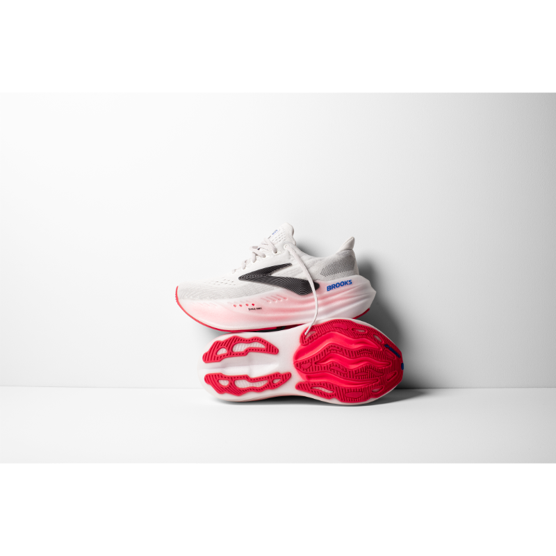 Brooks Glycerin Max women's athletic shoes; white upper, bright pink outsole, blue logo.