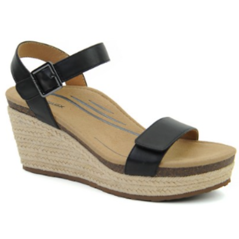 Aetrex Sydney casual wedge sandal with black leather straps and espadrille rope sole.