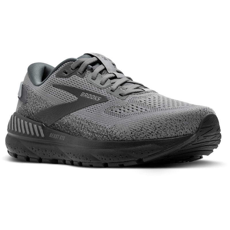 Brooks Beast GTS 24 men's athletic shoe in grey with knit mesh upper and black sole.