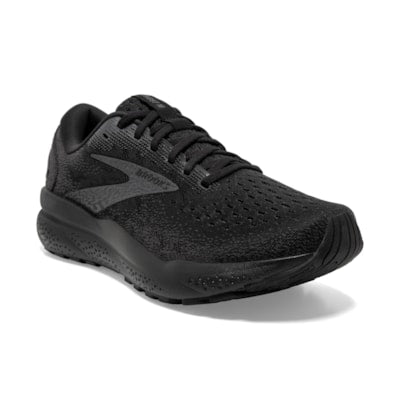 Brooks Ghost 16 athletic shoes, black knit upper with cushioned midsole
