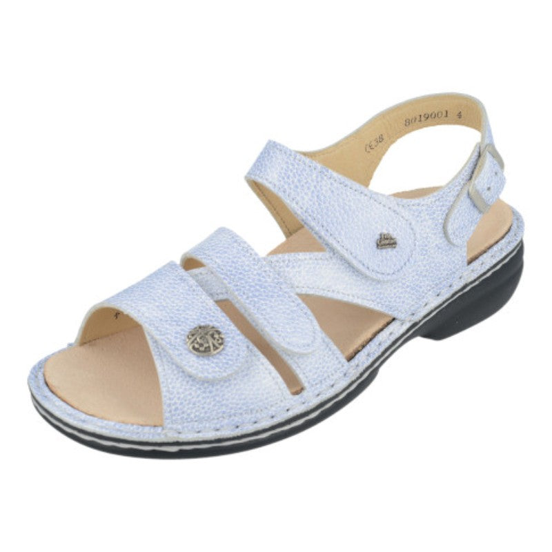Finn Comfort Gomera-S casual sandal in light blue premium leather with adjustable straps and cushioned sole