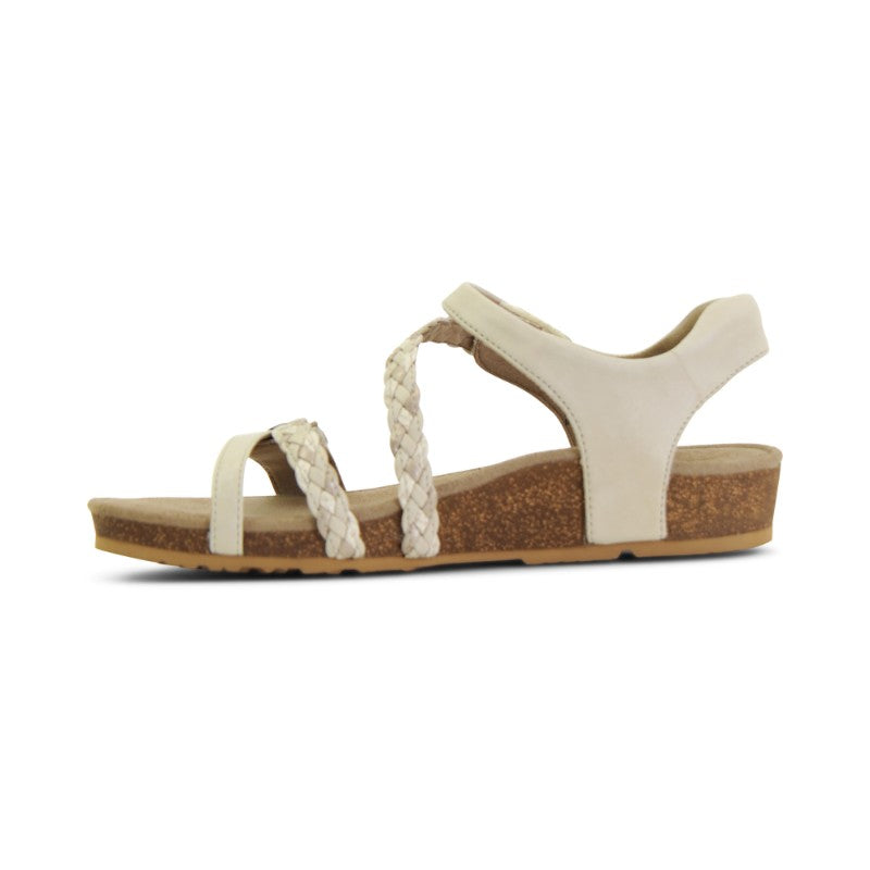 Aetrex Jillian women's casual sandal in cream with braided straps and cork footbed.